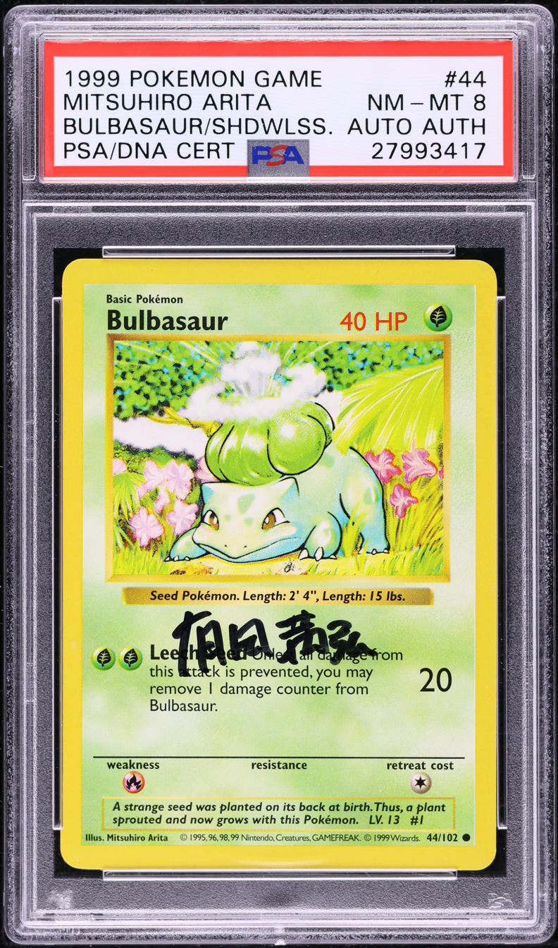 Pokemon 1999 Base Set Shadowless Bulbasaur #44 Arita Auto PSA 8 Trading Card