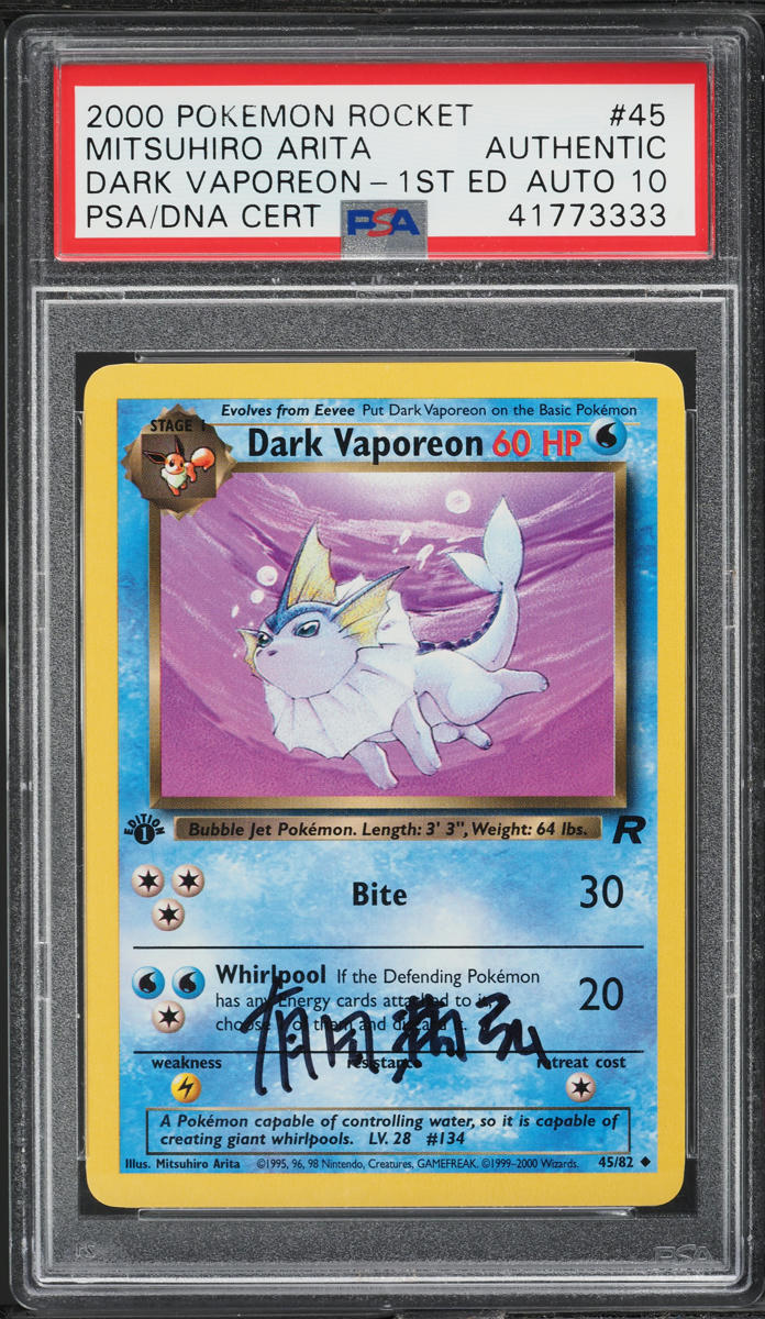 Pokemon 2000 Team Rocket 1st Edition Dark Vaporeon #45 Arita Auto PSA Card