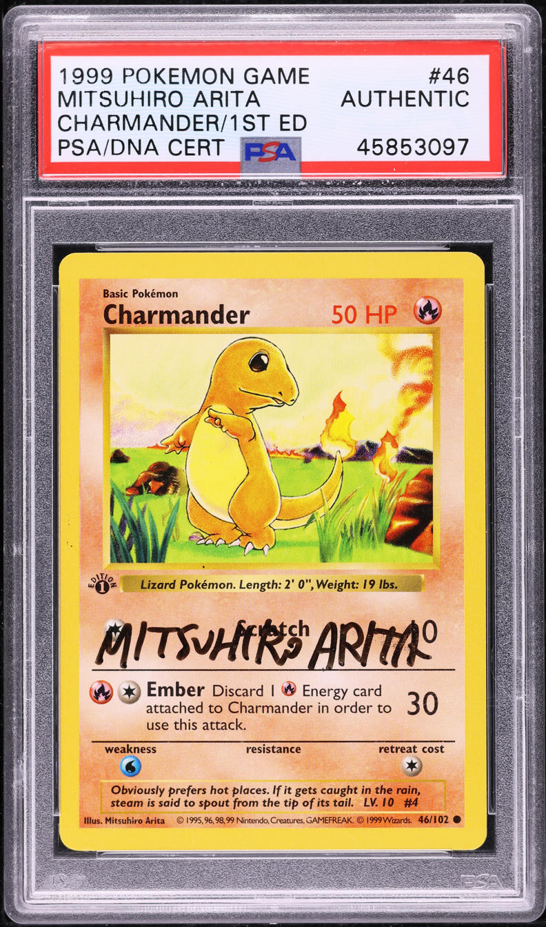 Pokemon 1999 Base Set 1st Edition Shadowless Charmander #46 Arita Auto PSA Authentic Trading Card