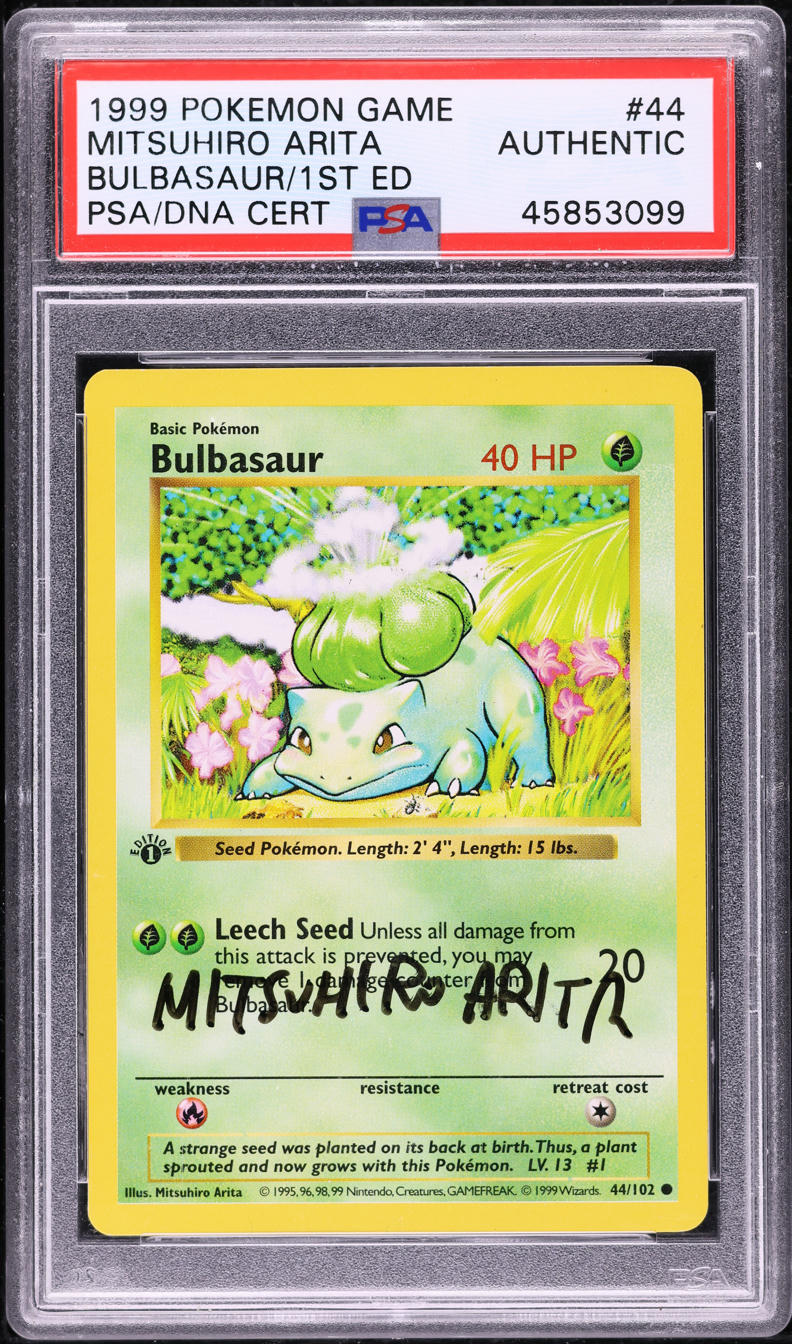 Pokemon 1999 Base Set 1st Edition Shadowless Bulbasaur #44 Arita Auto PSA Authentic Trading Card
